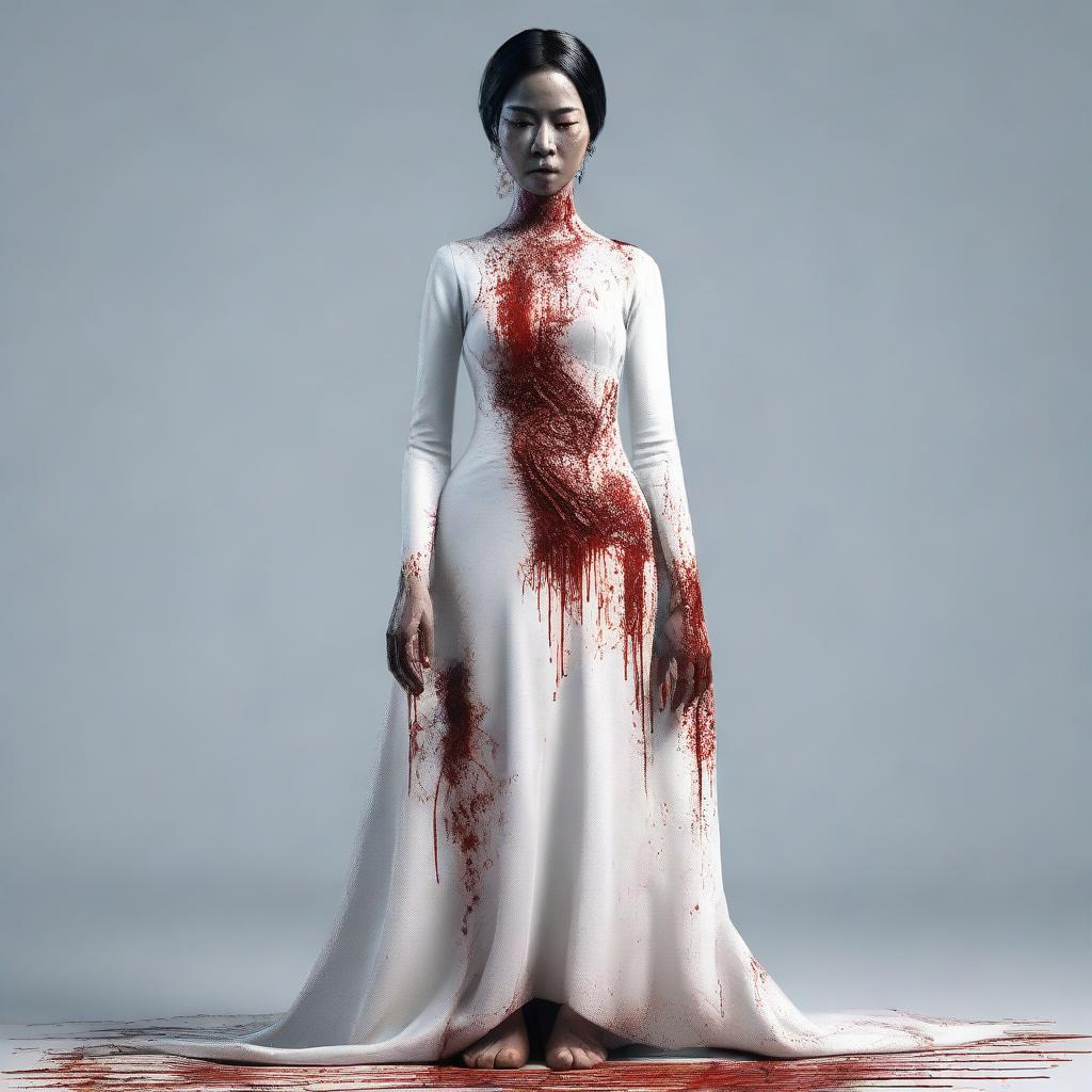 A 3D realistic depiction of an eerie Indonesian woman, adorned in a lengthy white dress. Her face is etched with blood and signs of a distressing accident.