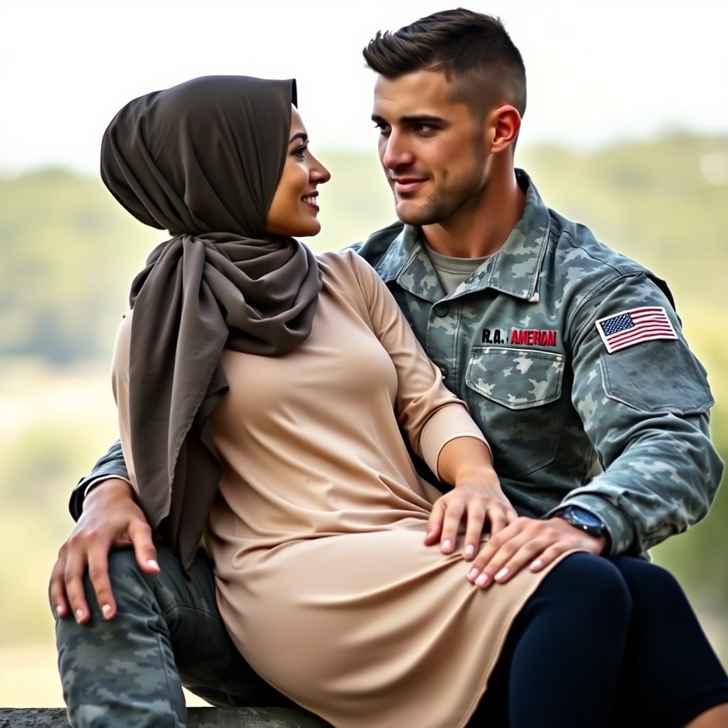 A beautiful woman wearing a headscarf, sitting gracefully on the lap of a strong American soldier