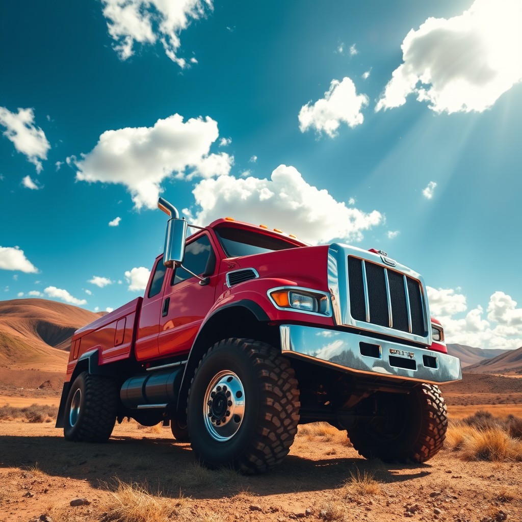 A strong, rugged truck parked in a scenic landscape