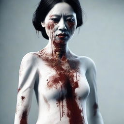 A 3D realistic depiction of an eerie Indonesian woman, adorned in a lengthy white dress. Her face is etched with blood and signs of a distressing accident.