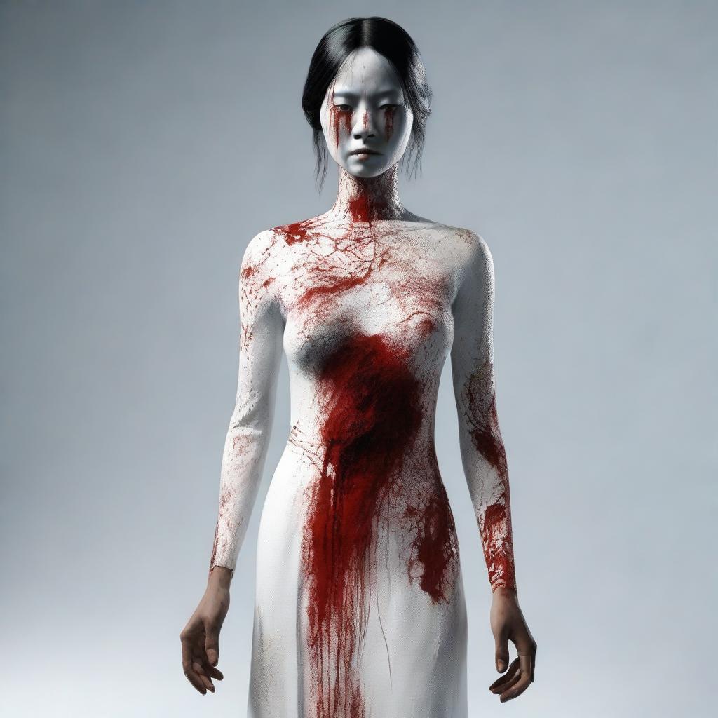 A 3D realistic depiction of an eerie Indonesian woman, adorned in a lengthy white dress. Her face is etched with blood and signs of a distressing accident.