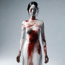 A 3D realistic depiction of an eerie Indonesian woman, adorned in a lengthy white dress. Her face is etched with blood and signs of a distressing accident.