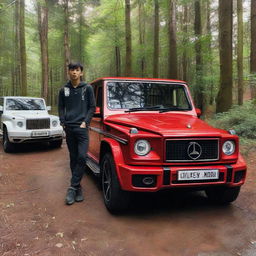 A teenage boy sitting in a red Rolls Royce parked on a forest road, with the word 'Hazara' visible on the front. Next to him is a beautiful girl, and behind them is a fleet of Mercedes Benz G-Class cars.