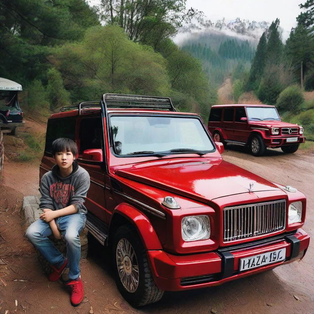 A teenage boy sitting in a red Rolls Royce parked on a forest road, with the word 'Hazara' visible on the front. Next to him is a beautiful girl, and behind them is a fleet of Mercedes Benz G-Class cars.