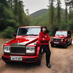 A teenage boy sitting in a red Rolls Royce parked on a forest road, with the word 'Hazara' visible on the front. Next to him is a beautiful girl, and behind them is a fleet of Mercedes Benz G-Class cars.