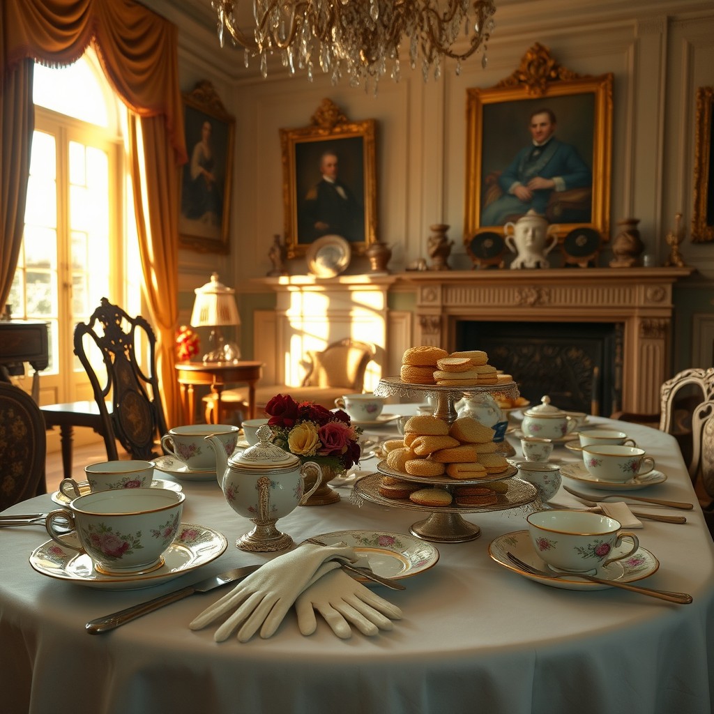 An opulent afternoon in a 19th-century English mansion during tea time