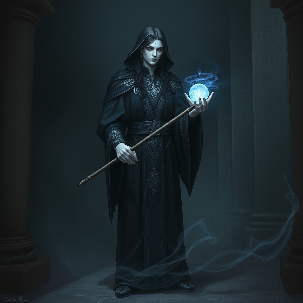 A mysterious shadar-kai cleric standing in a shadowy, dimly lit temple