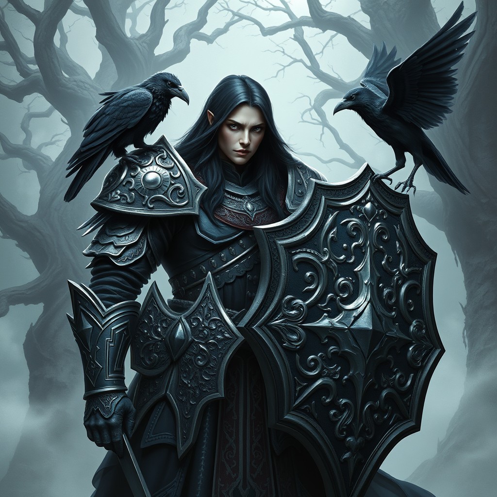 A formidable shadar-kai elf cleric clad in intricately detailed dark armor, standing resolute in a misty forest clearing