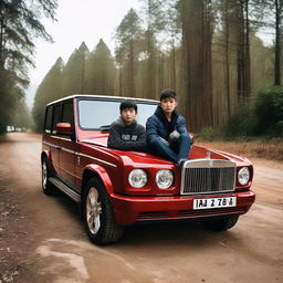 A teenage boy sitting in a red Rolls Royce parked on a forest road, with the word 'Hazara' visible on the front. Next to him is a beautiful girl, and behind them is a fleet of Mercedes Benz G-Class cars.