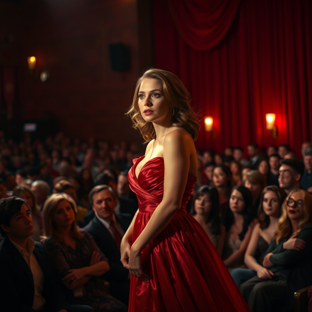 A stunning actress enters a scene in a crowded theater, wearing a beautiful flowing red dress that catches the light