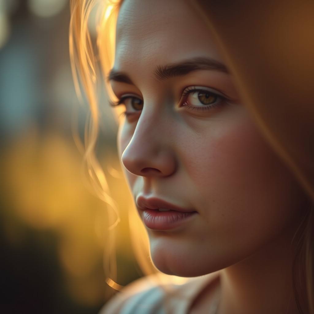 A close-up portrait of an 18-year-old female captured in natural outdoor lighting during the golden hour