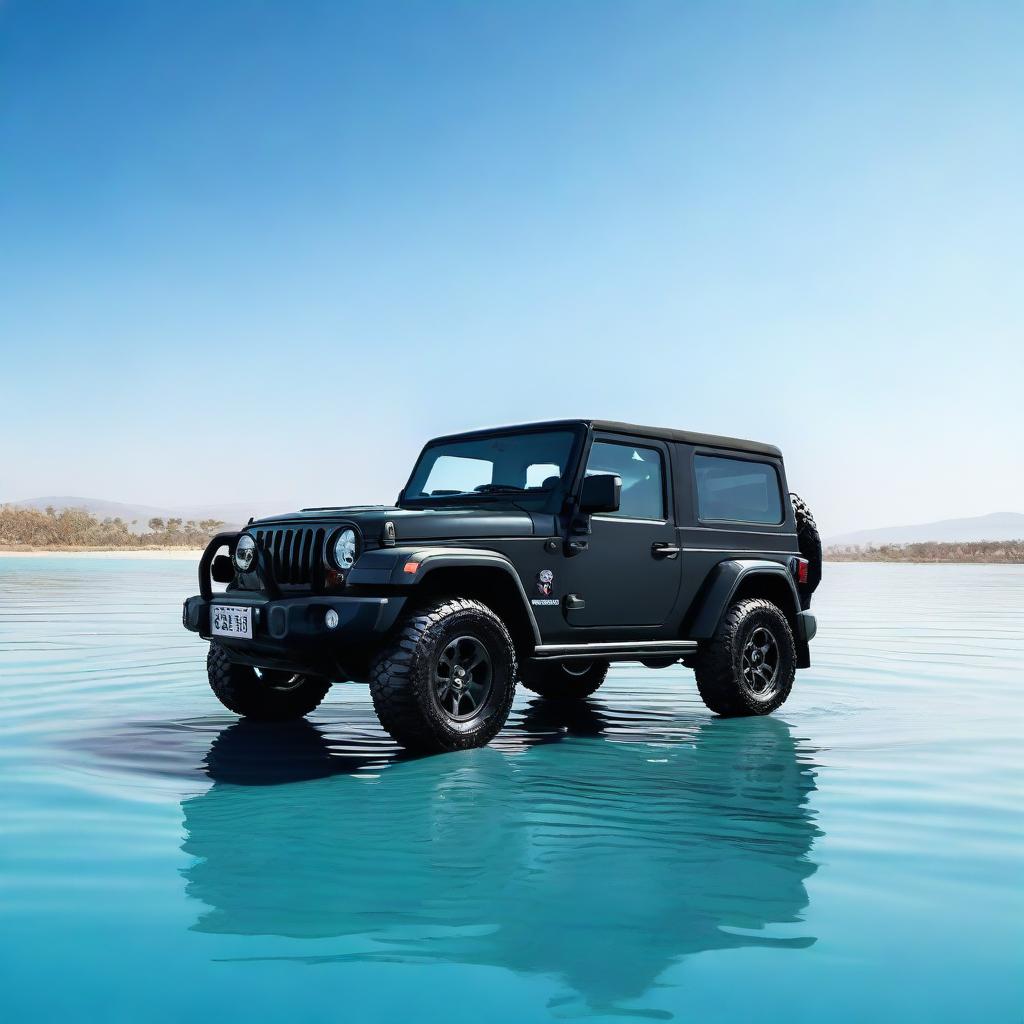 A black Thar car floating in pristine blue water under a clear sky.