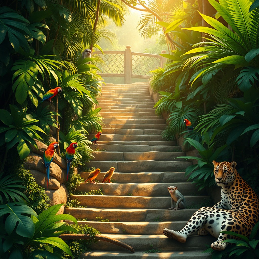 A beautifully detailed image of a dramatic staircase leading into a lush jungle