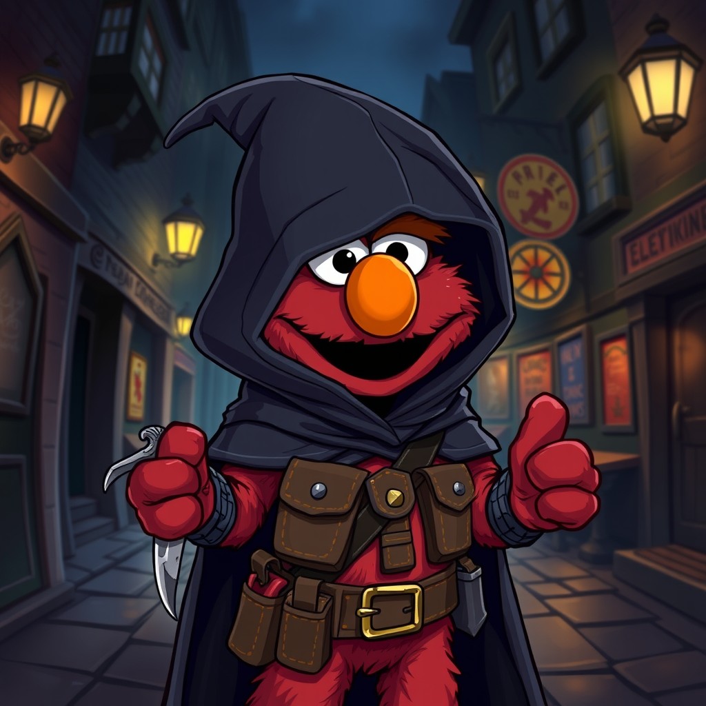 A whimsical and playful character design of Elmo as a Dungeons & Dragons rogue