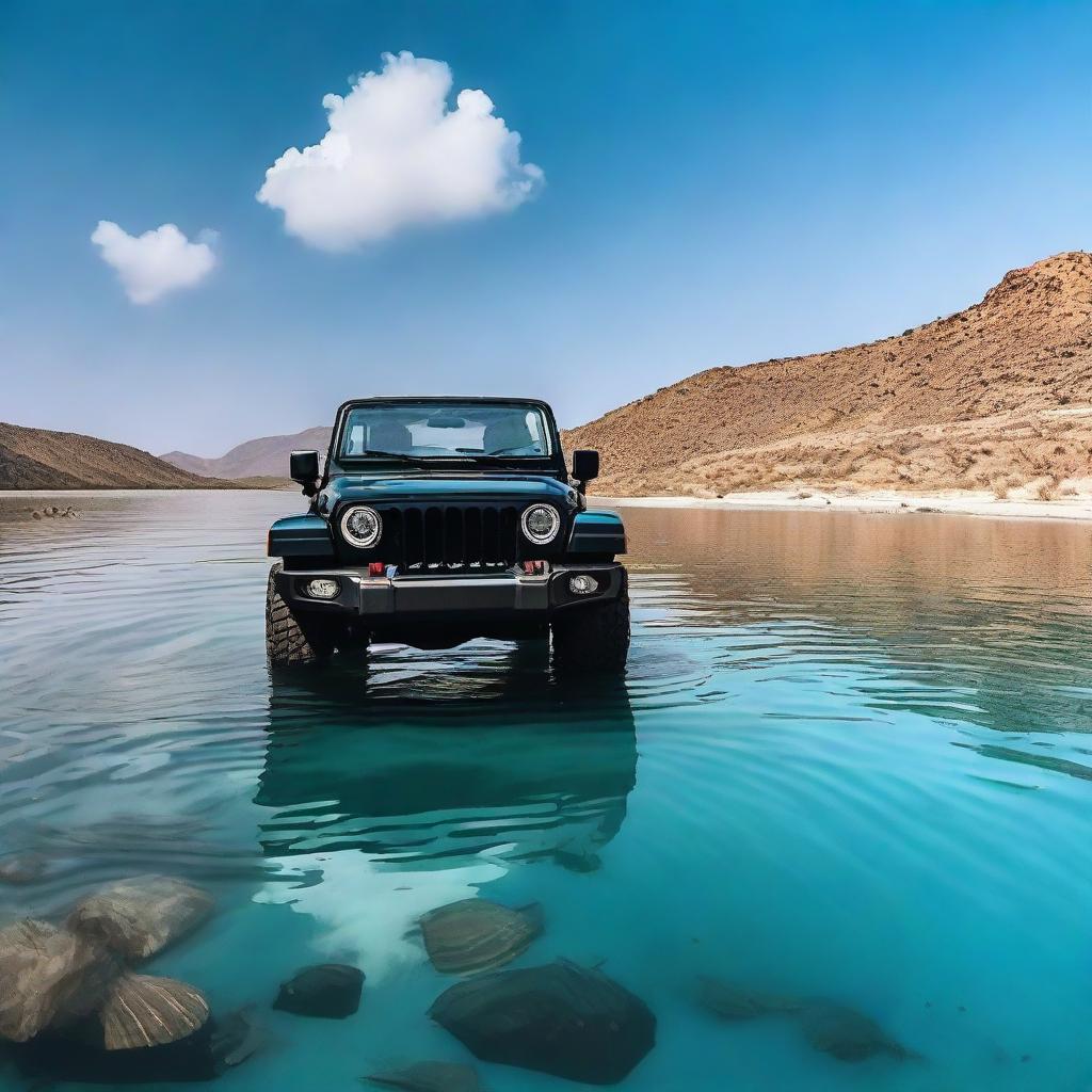 A black Thar car floating in pristine blue water under a clear sky.