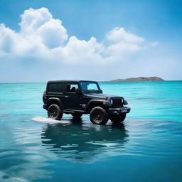 A black Thar car floating in pristine blue water under a clear sky.