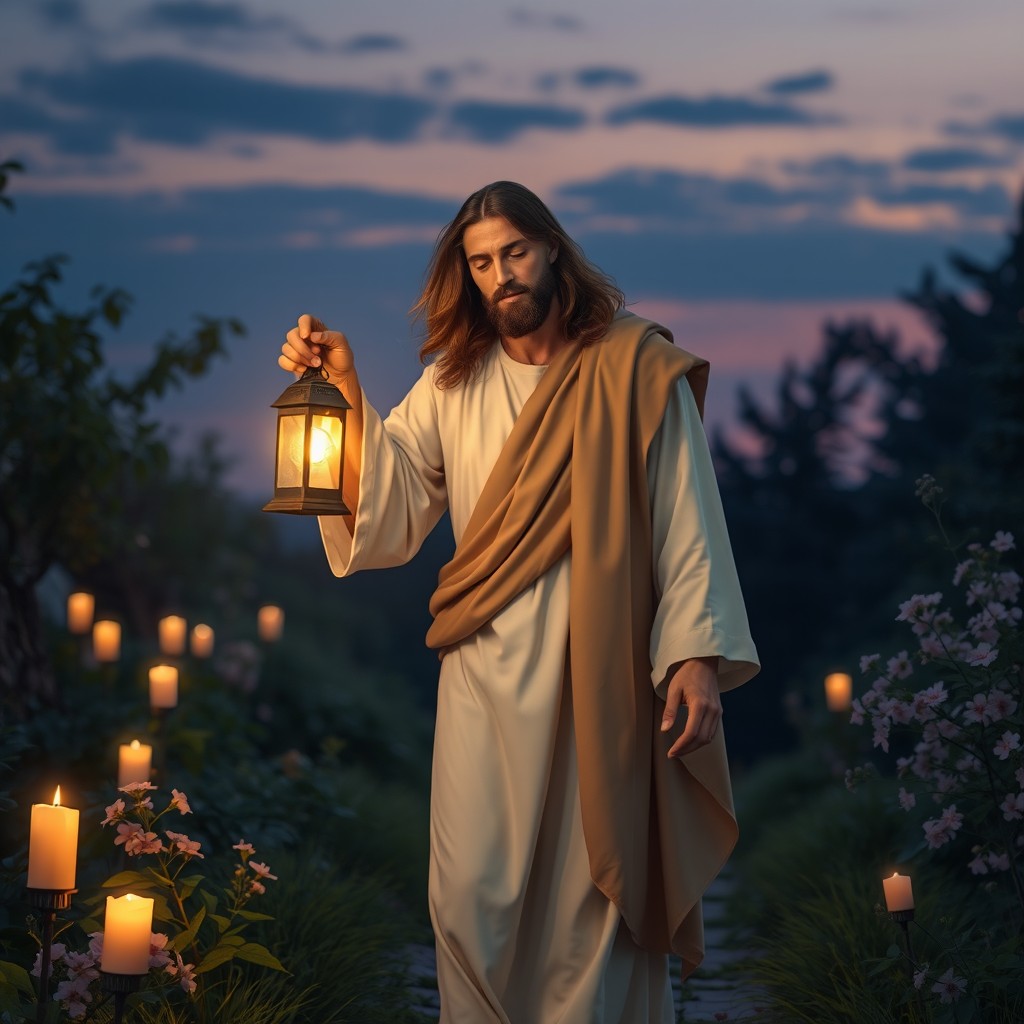 A serene depiction of Jesus walking through a tranquil garden at dusk, gently holding a glowing lamp that illuminates his face and the path ahead