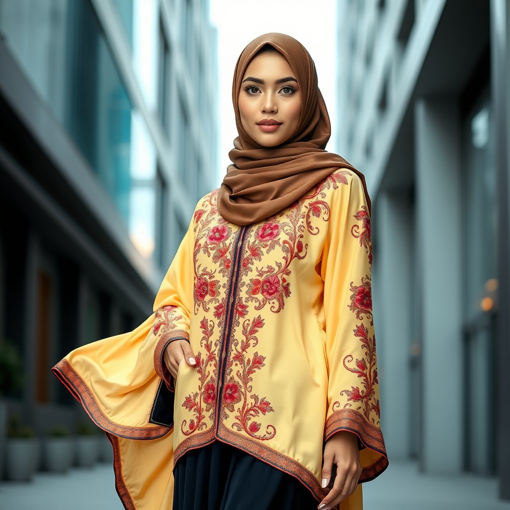 A stunning portrait of a fashionable hijabi woman in an elegant abaya, showcasing intricate embroidery and vibrant colors