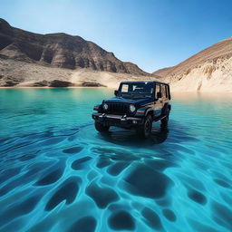 A black Thar car floating in pristine blue water under a clear sky.