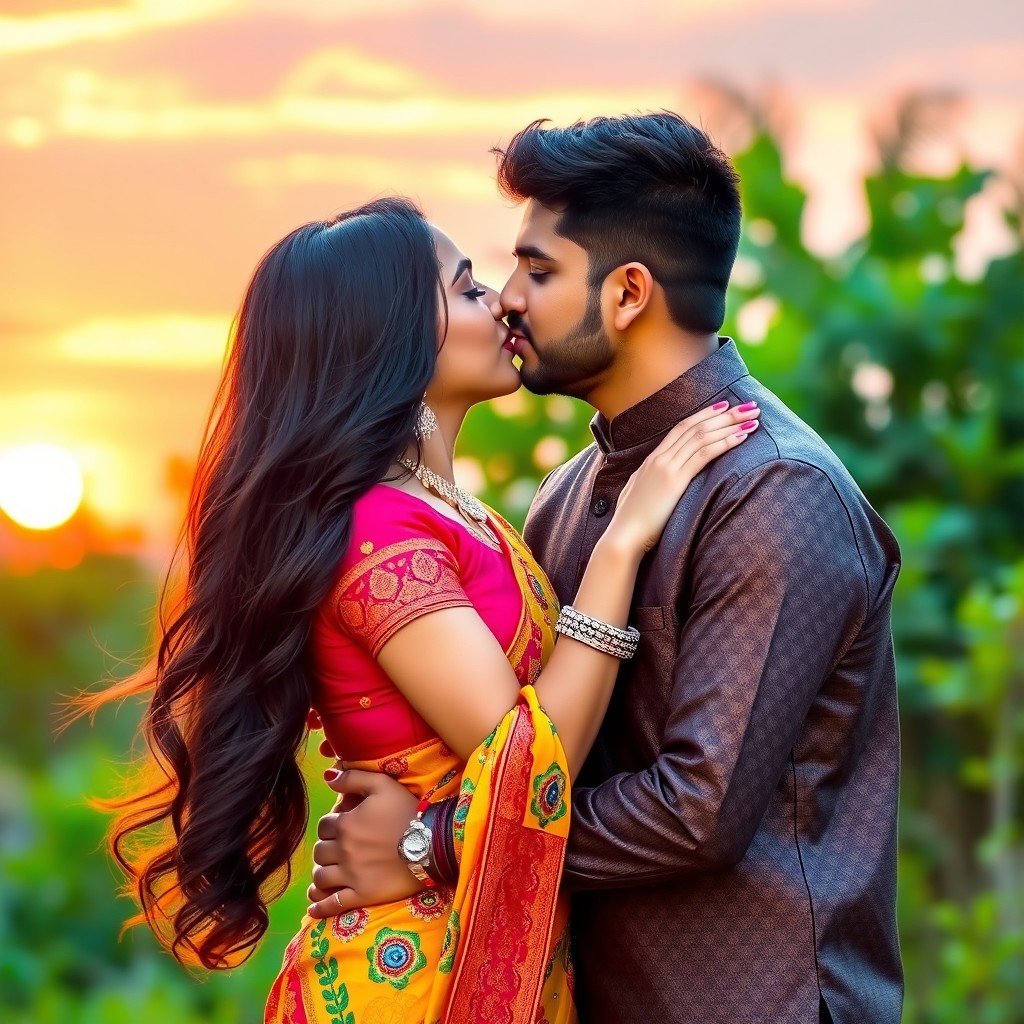 A beautiful Indian couple sharing a romantic kiss in a vibrant outdoor setting