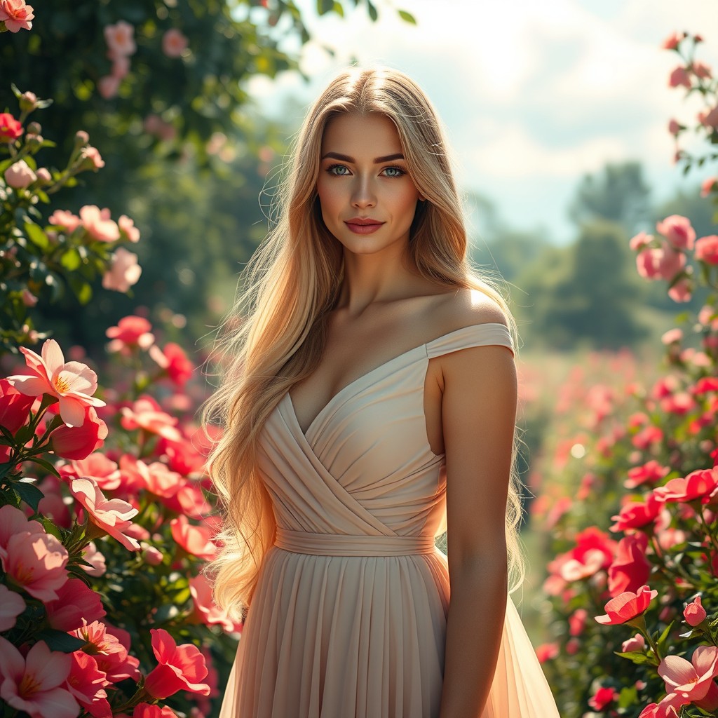 A stunning depiction of beauty featuring a graceful woman with long flowing hair, radiant skin, and striking blue eyes, dressed in an elegant flowing gown, standing in a picturesque garden surrounded by blooming flowers and vibrant greenery