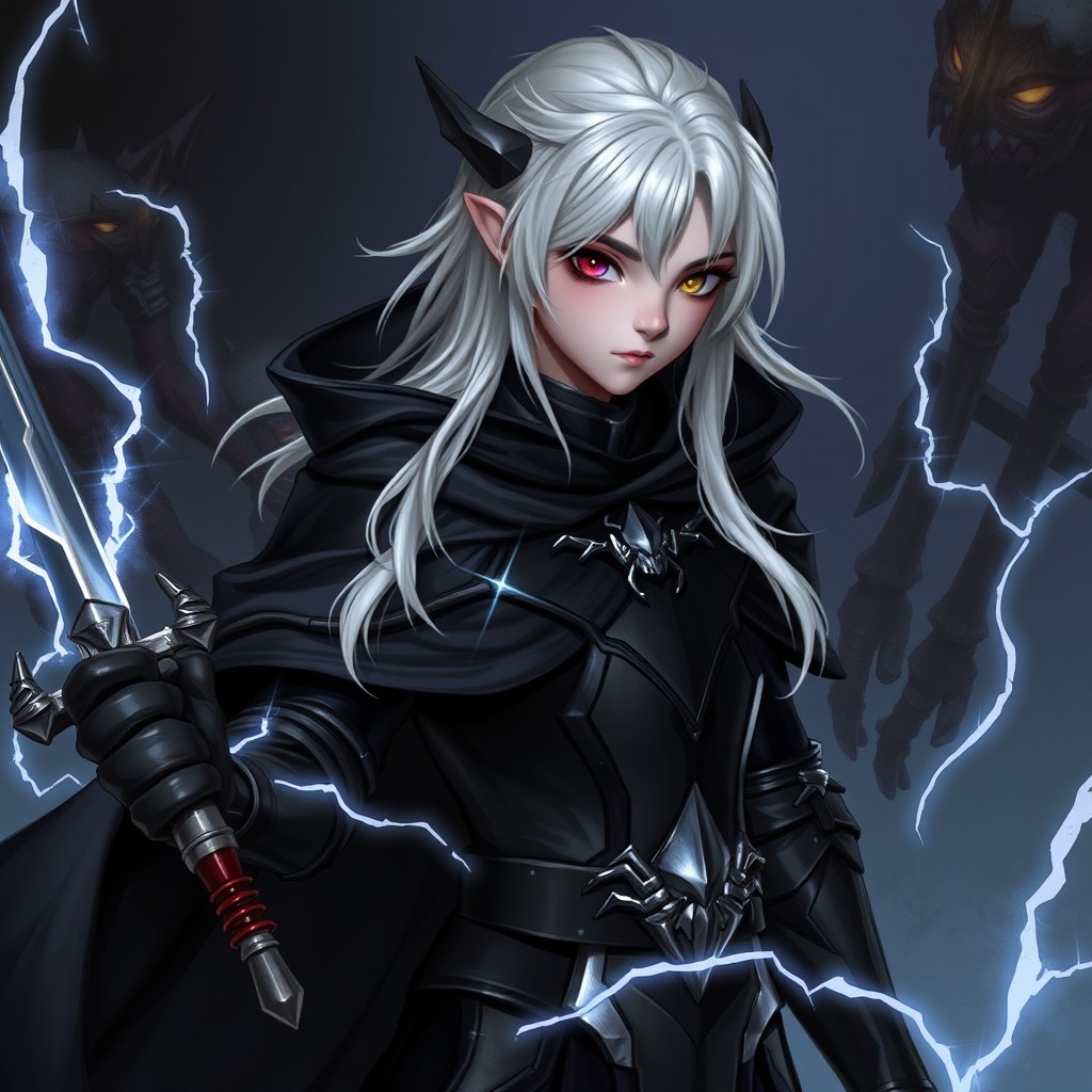 A striking young Drow character with long white hair and one red eye and one violet eye