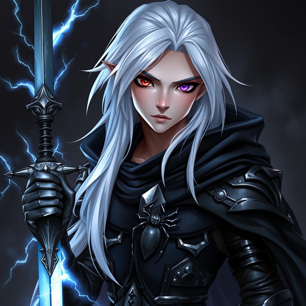 An edgy and handsome young Drow character with long white hair, featuring one striking red eye and one mesmerizing violet eye