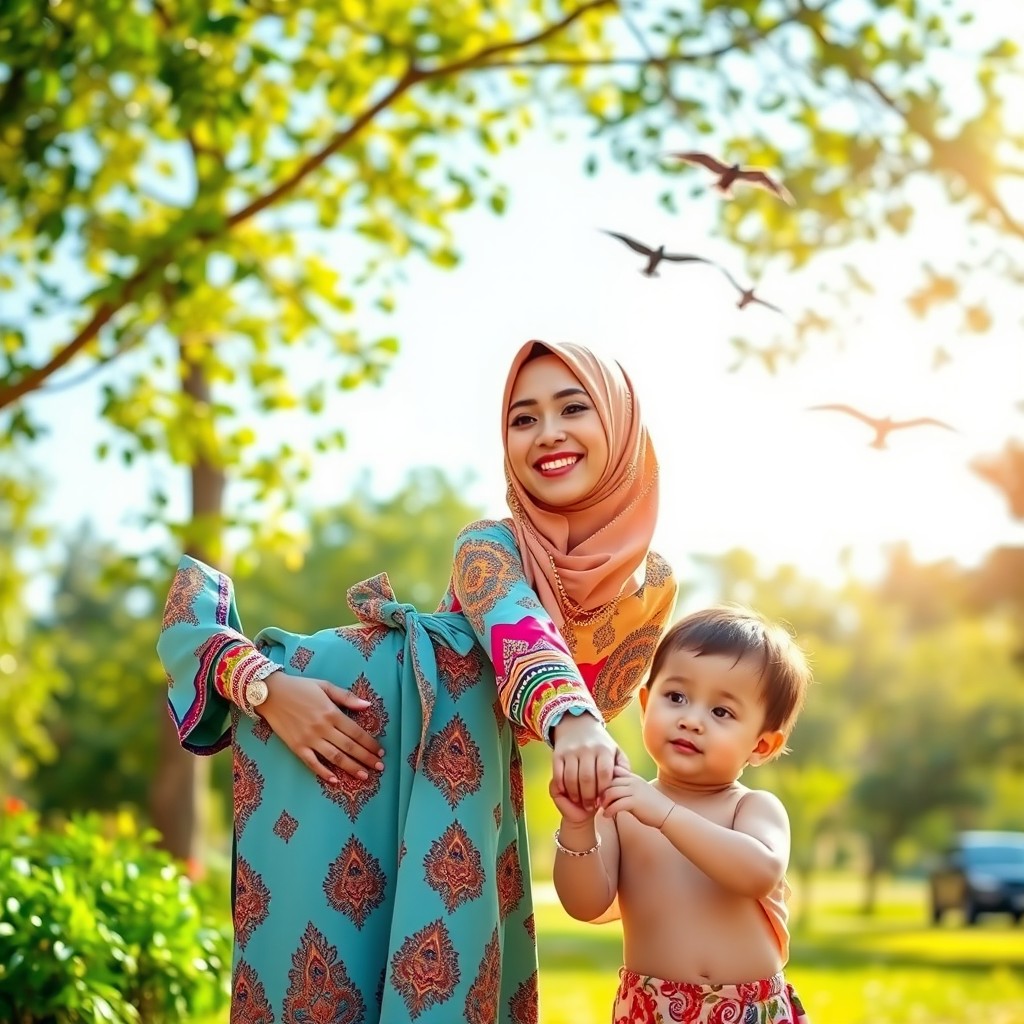 A stylish and modern Muslim mother wearing a colorful hijab, standing gracefully in a sunny park