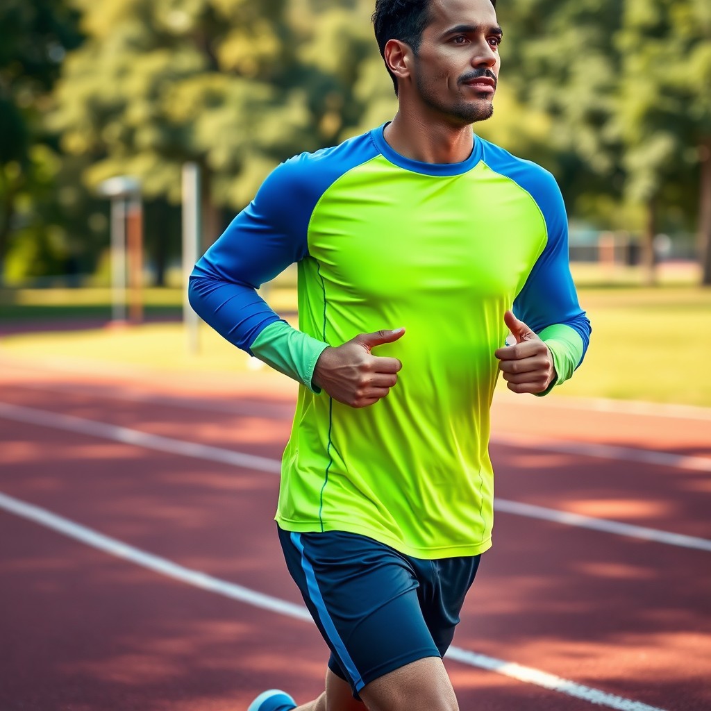 A vibrant running shirt, designed for athletic performance, featuring moisture-wicking fabric, bright colors like neon green and blue accents