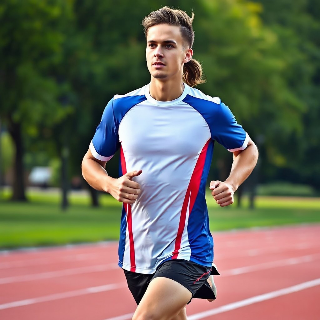 A stylish running shirt designed with a combination of white, blue, and red colors, featuring a sleek athletic cut