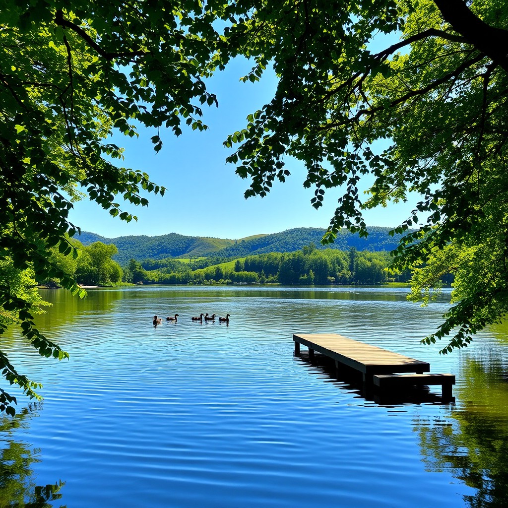 A serene landscape featuring lush, green trees surrounding a tranquil body of water