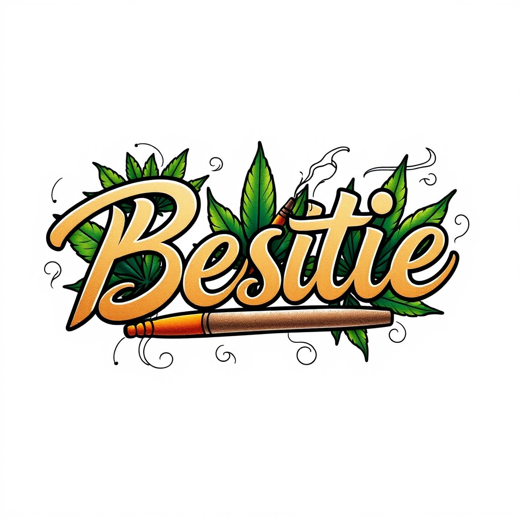 A stylish and vibrant tattoo design that features the word 'Bestie' artistically intertwined with images of marijuana leaves, a smoking joint, and playful smoke wisps surrounding the elements