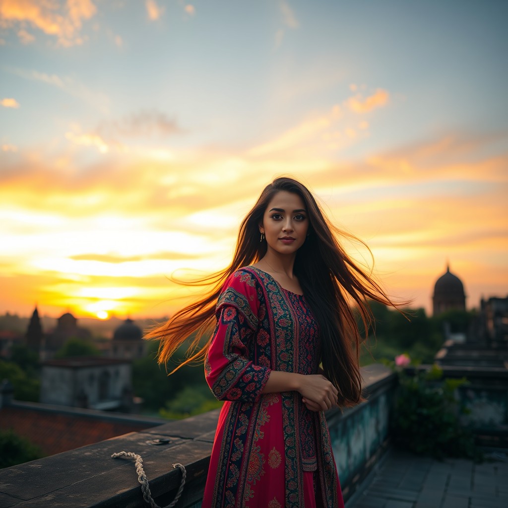 A beautiful woman with long flowing hair, wearing a vibrant, intricate traditional dress adorned with colorful patterns reminiscent of cultural heritage