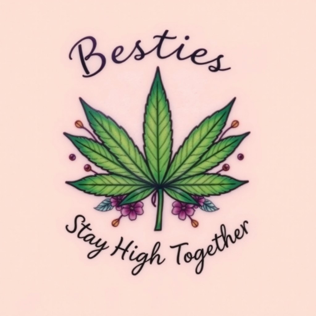 A best friend tattoo design featuring two intertwined cannabis leaves in vibrant green, symbolizing unity and friendship