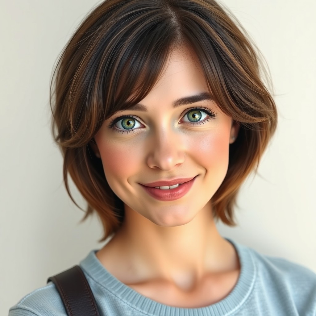 A portrait of an average 27-year-old woman with medium-length mouse brown hair and striking green eyes