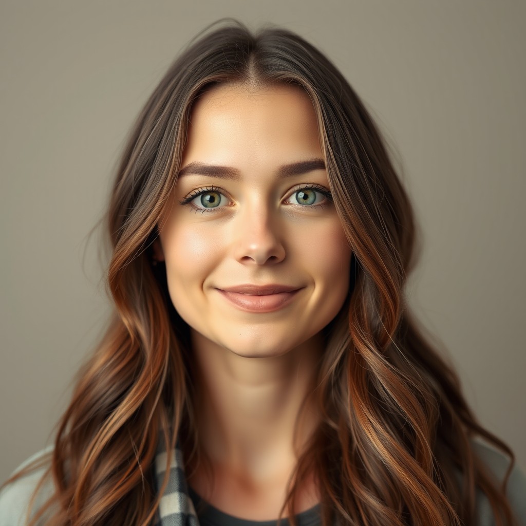 A portrait of a very average 27-year-old woman with long, wavy mouse brown hair cascading down her shoulders and captivating green eyes