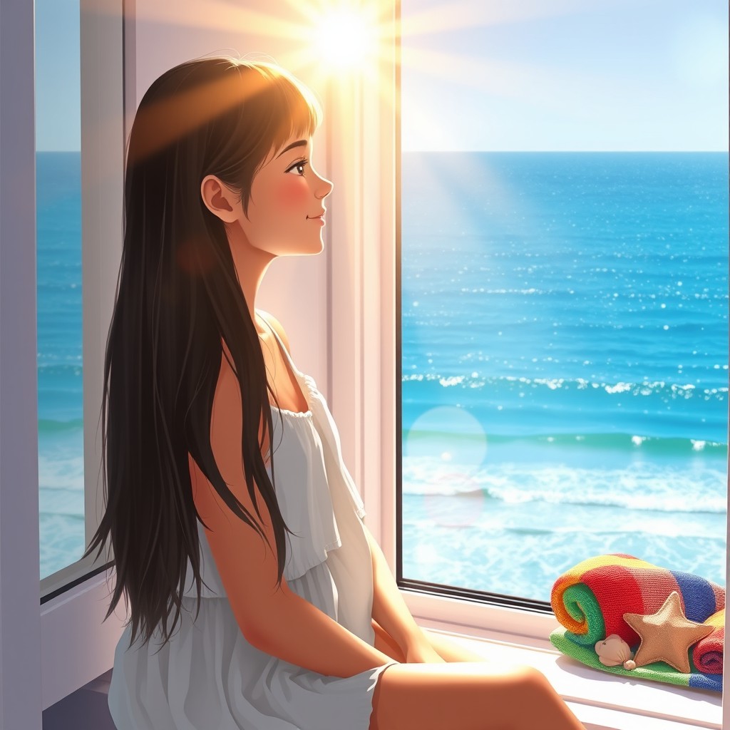 A girl sitting by a window, gazing out at the ocean, wearing a light, breezy summer dress