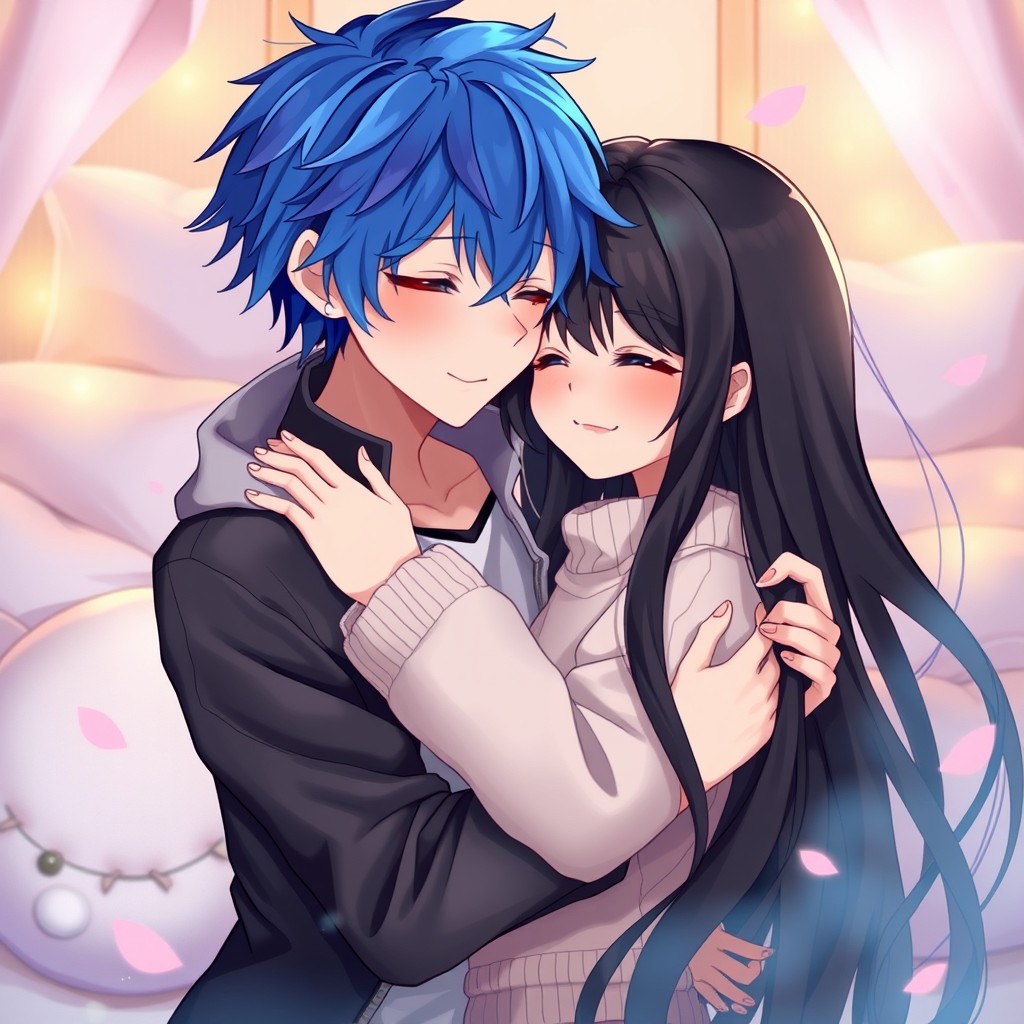 An anime boy with bright blue hair, wearing a stylish jacket, gently hugging a girl with long, flowing black hair