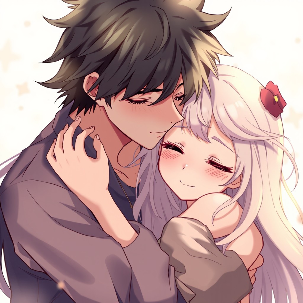 An anime boy gently hugging a girl, both of them expressing deep emotions and an unbreakable connection