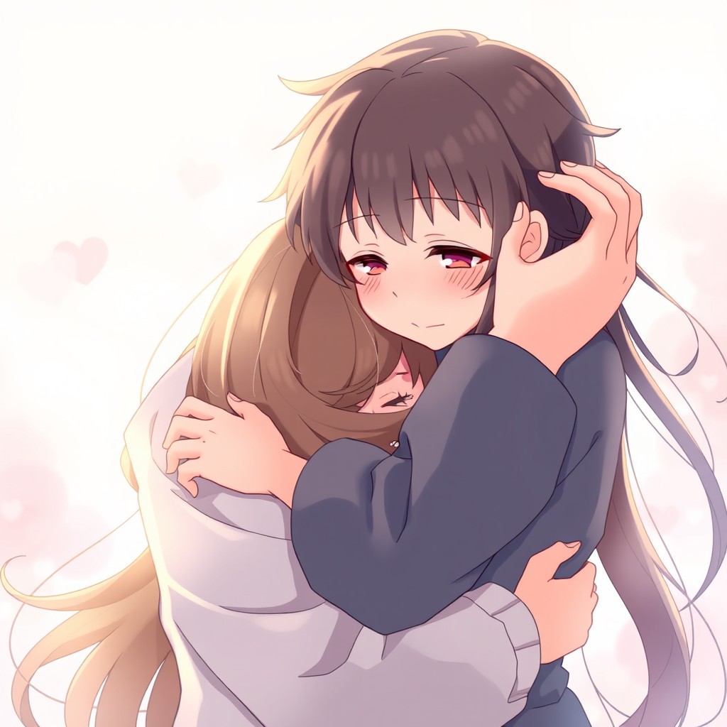 An anime boy gently hugging a girl, their faces close as he tenderly touches her hair, showcasing an unbreakable emotional connection between them
