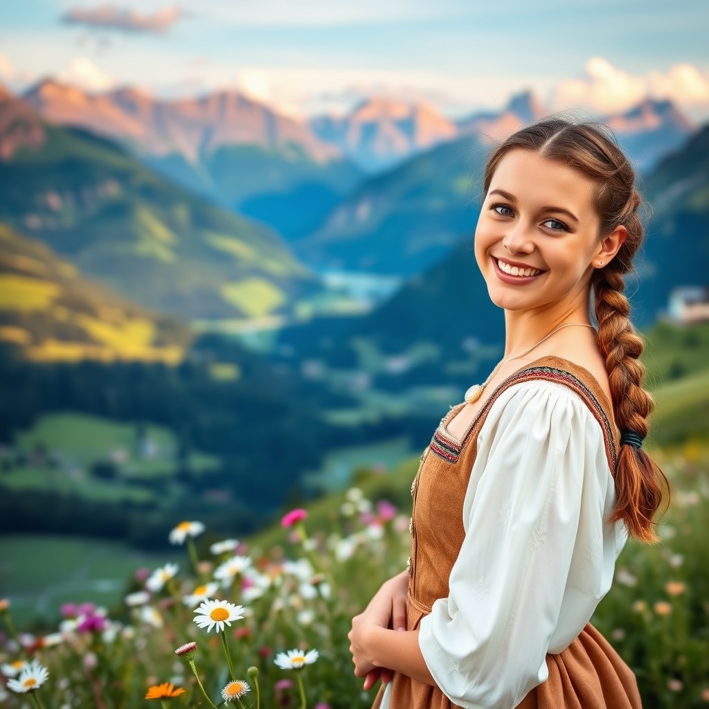 A serene landscape in Switzerland featuring picturesque mountains, lush green valleys, and clear blue skies