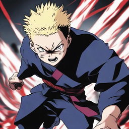 Gojo Satoru from Jujutsu Kaisen in his most fierce and formidable appearance. He is demonstrating his immense power with an intense and combative expression.