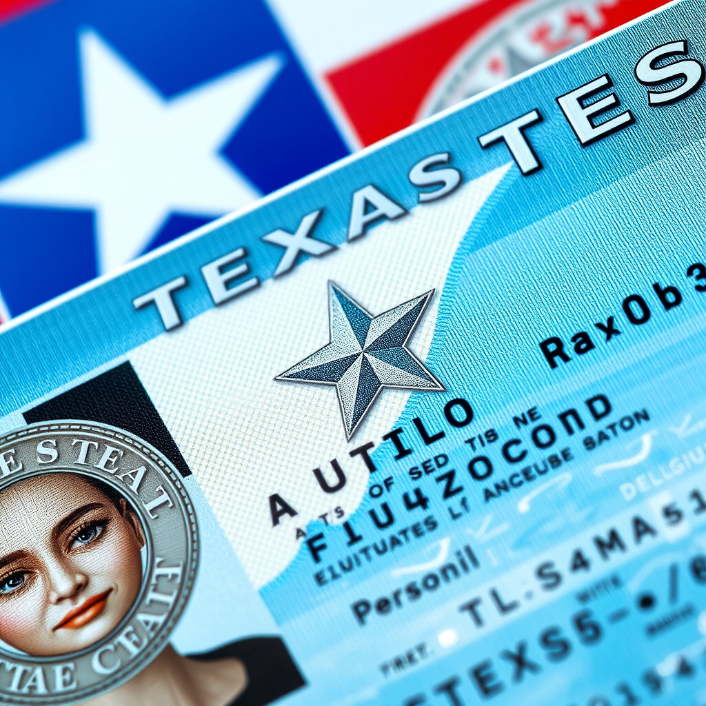 A close-up, high-definition view of a Texas driver's license showcasing detailed features such as the state seal, holographic images, and personal information sections