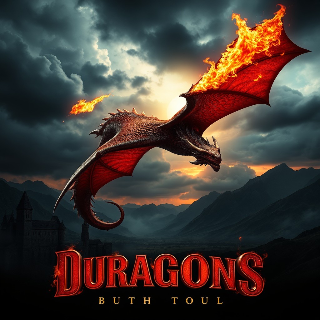 A dramatic and cinematic movie poster featuring a majestic fire-breathing dragon soaring through a stormy sky, with flames billowing from its mouth