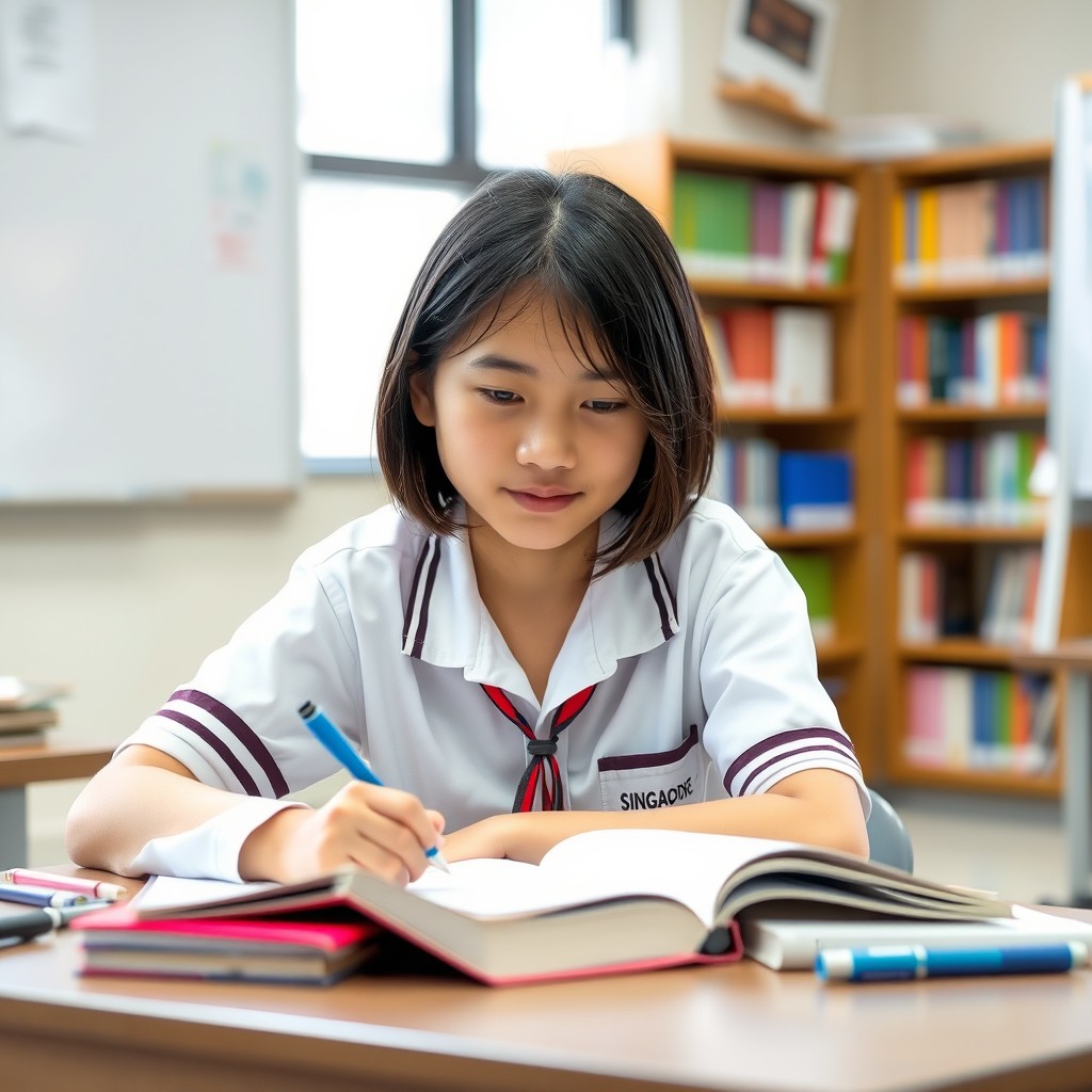 A Singaporean student in a school setting, wearing a typical school uniform, engaged in studying at a desk