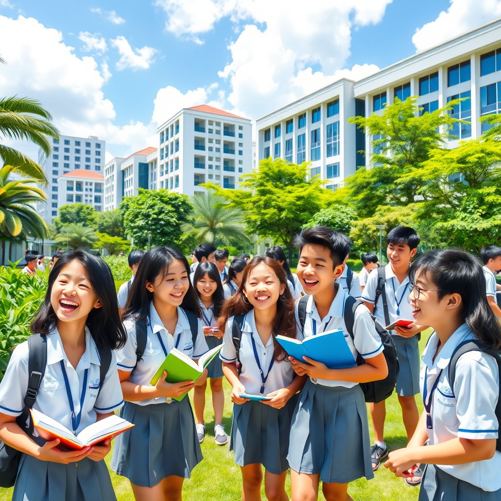 A vibrant and lively scene depicting a group of Singaporean school students in their school uniforms, engaged in various activities