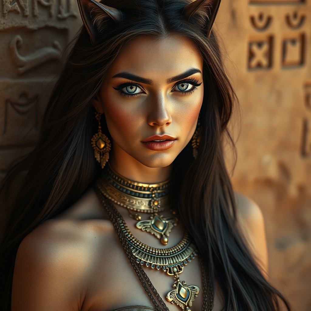 A striking woman with captivating cat-shaped blue eyes, featuring long, dark flowing hair