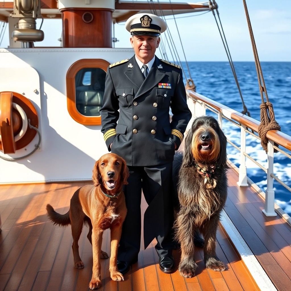A naval officer standing proudly on the deck of a ship, wearing a traditional naval uniform, complete with a peaked cap and epaulettes