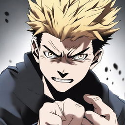 Gojo Satoru from Jujutsu Kaisen in his most fierce and formidable appearance. He is demonstrating his immense power with an intense and combative expression.