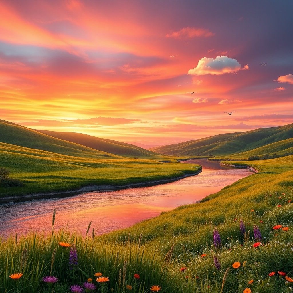 A stunning digital backdrop featuring a serene landscape with rolling hills and a vibrant sunset